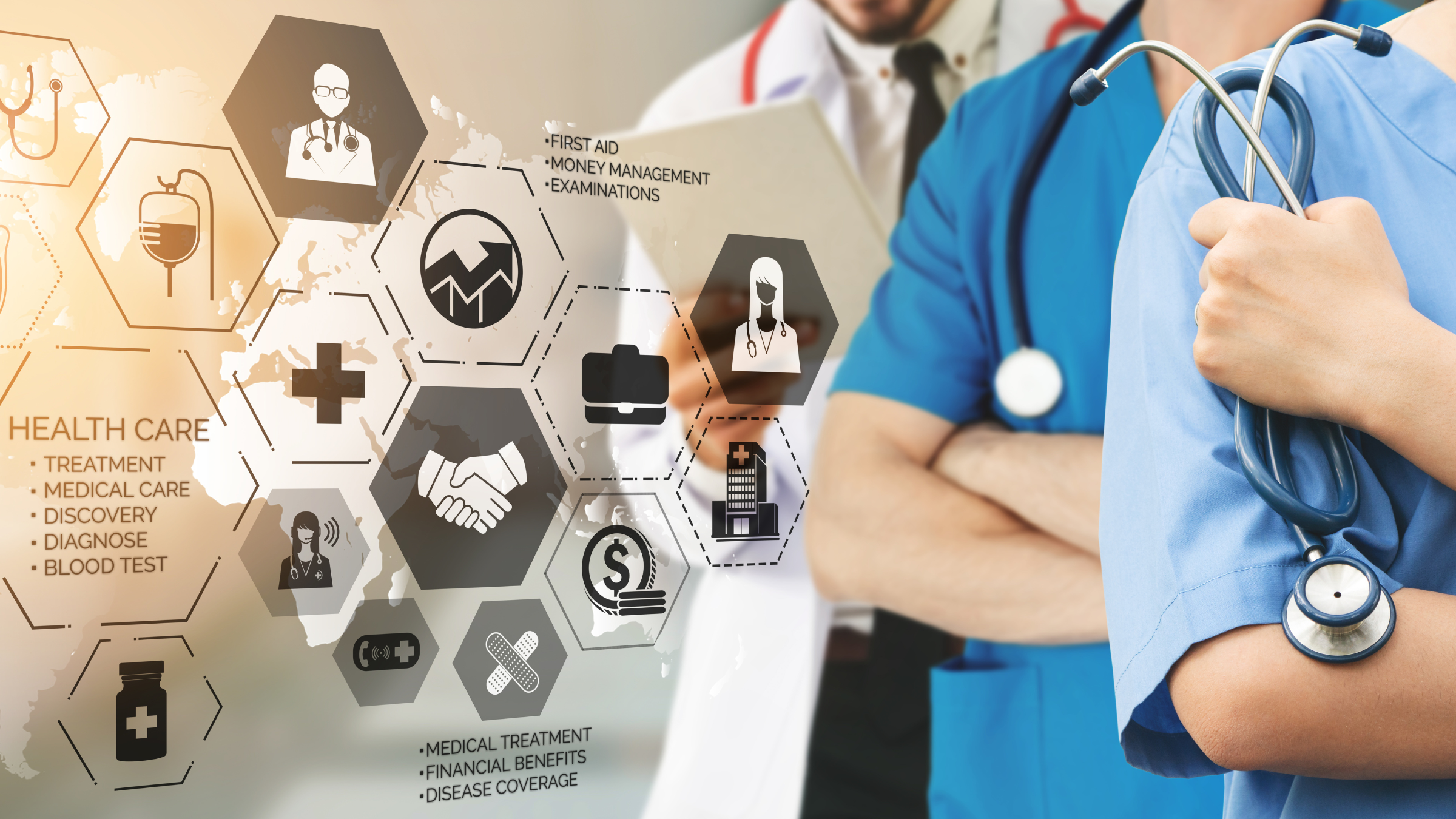 Healthcare professionals with stethoscopes and medical care icons